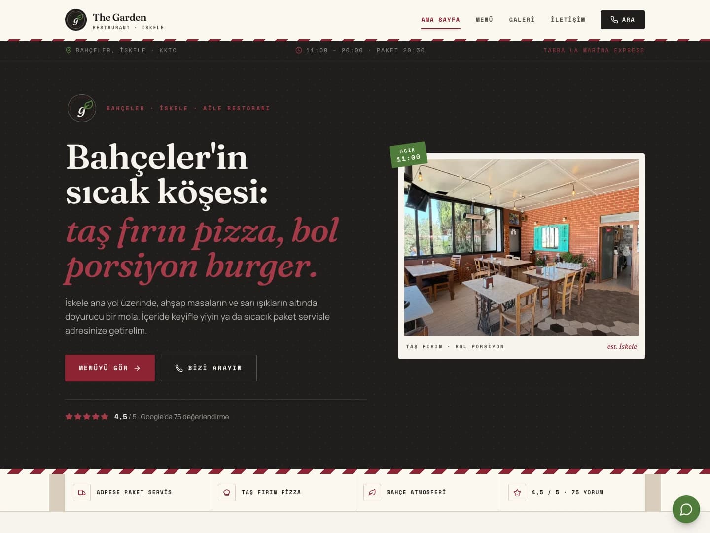 The Garden Restaurant web sitesi ekran görüntüsü